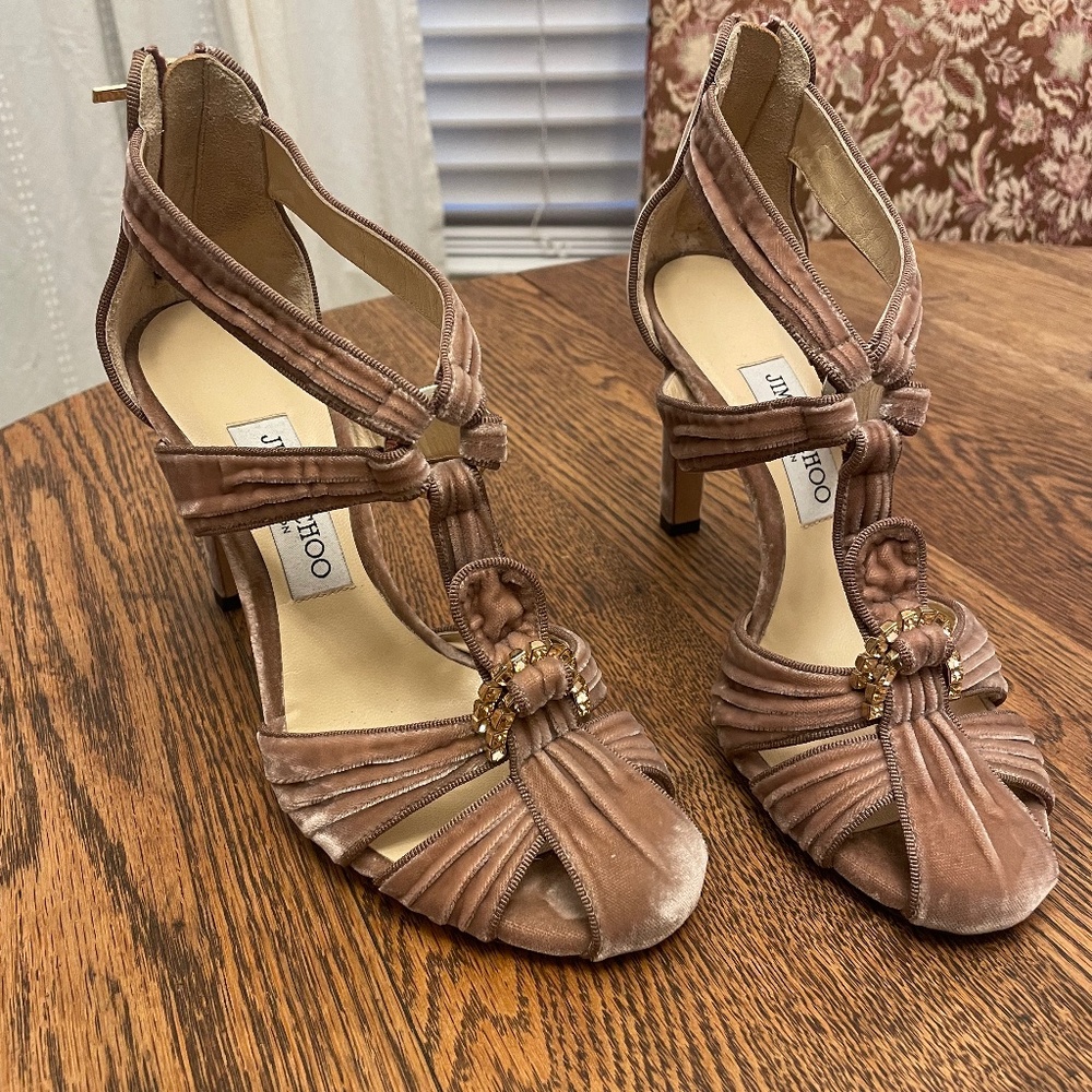 Excellent Condition-Jimmy Choo Krissy Pink/Mauve Velvet Crystal 4”Heels- Size 38